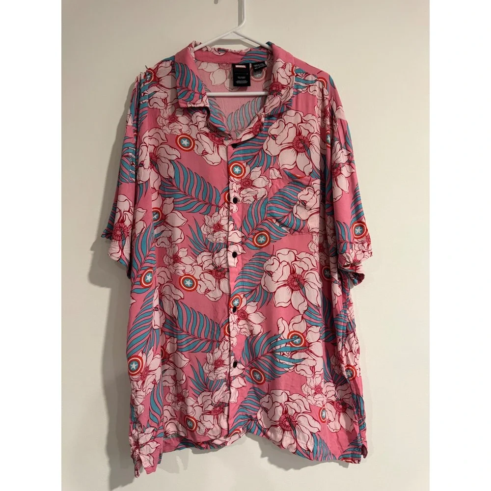 Marvel Captain America Tropical Floral Button Down Mens 3XL Pink vacation travel - Picture 3 of 4